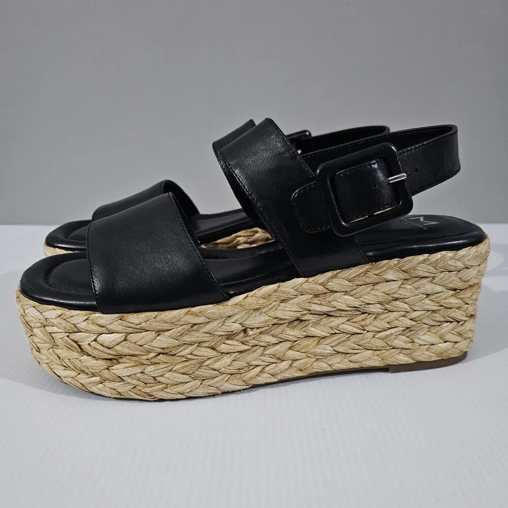 Marc Fisher LTD Patryce Platform Espadrille Sandal Size 9.5 Black Leather Raffia